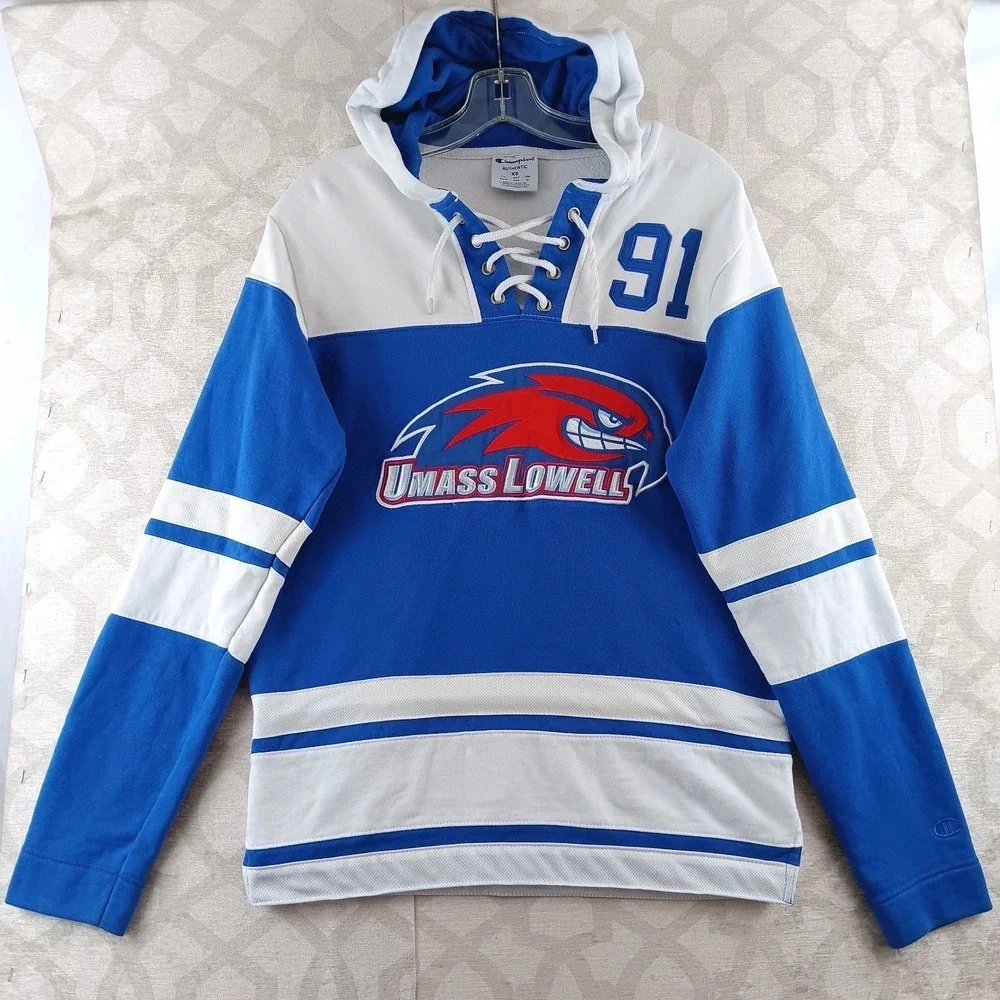 Champion UMASS Lowell River Hawks‎ Hockey Jersey Mens Extra Small Hooded Blue